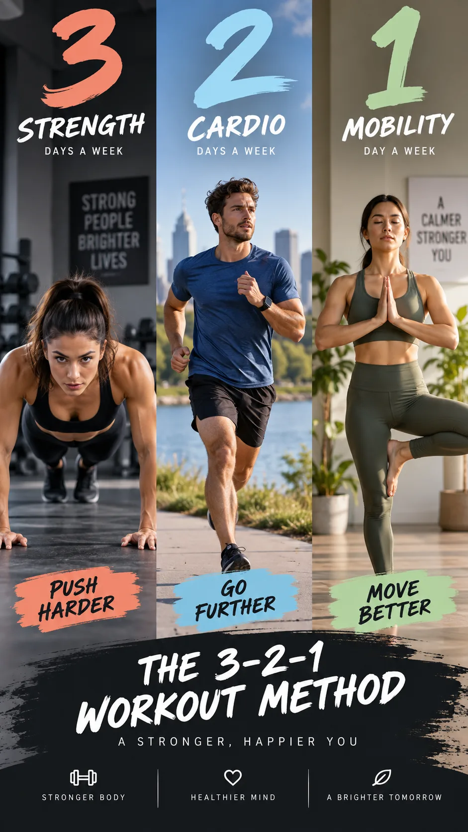 The 3 2 1 Workout Method That Transformed My Fitness in 12 Weeks (No Gym Required) 2 Split image showing three fitness activities side by side: a woman doing push-ups, a man jogging outdoors, and a woman in a yoga pose — representing the 3-2-1 workout method visually