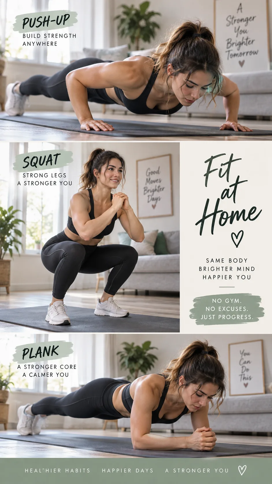 The 3 2 1 Workout Method That Transformed My Fitness in 12 Weeks (No Gym Required) 3 Woman performing bodyweight exercises at home on a yoga mat — showing a push-up, squat, and plank in a clean collage format, natural lighting, no gym equipment visible
