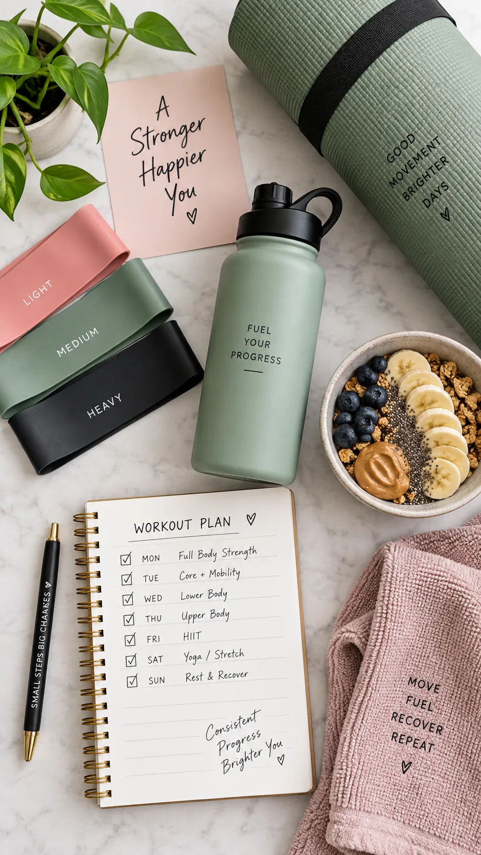 The 3 2 1 Workout Method That Transformed My Fitness in 12 Weeks (No Gym Required) 4 Flat lay of fitness essentials for a home workout: resistance bands, a water bottle, a yoga mat, a notebook with a workout plan, and a healthy snack — clean aesthetic, top-down view