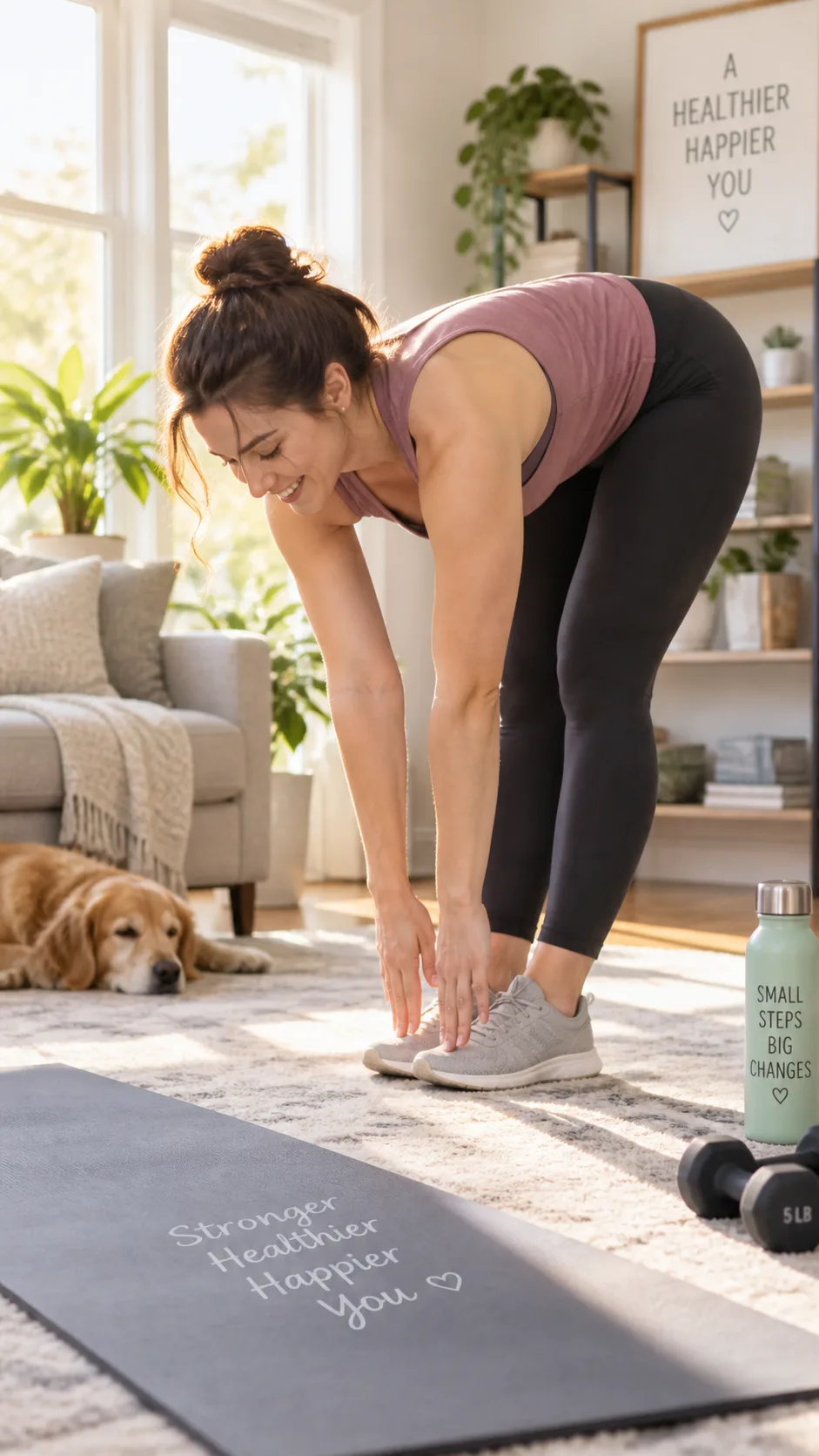 How to Increase Flexibility When You Can Barely Touch Your Toes: A Beginner-Friendly Plan 1 Realistic lifestyle fitness photography of an adult beginner in comfortable workout clothes attempting a standing toe touch in a bright living room, knees softly bent, yoga mat nearby, encouraging natural expression, warm morning light, clear view of hamstrings and posture