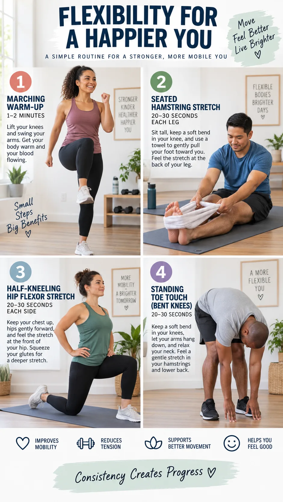 How to Increase Flexibility When You Can Barely Touch Your Toes: A Beginner-Friendly Plan 3 Clean instructional fitness photography showing a four-panel beginner flexibility routine: marching warm-up, seated hamstring stretch using a towel, half-kneeling hip flexor stretch, and standing toe touch with bent knees, diverse adult exerciser, bright home workout space, accurate safe alignment
