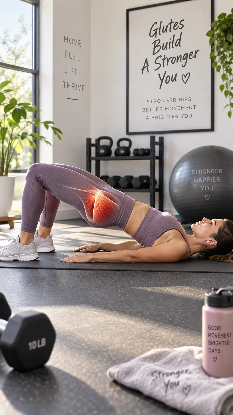 A person performing a glute bridge exercise on a yoga mat in a bright home gym, with visible muscle engagement in the glutes and hips, shot from a side angle, natural lighting, athletic wear