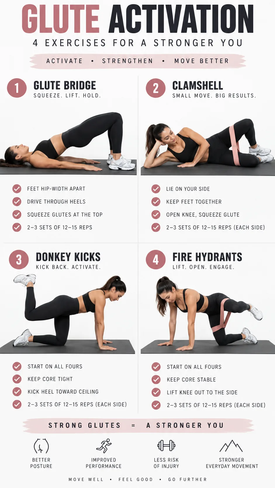 A split collage showing four glute activation exercises: glute bridge, clamshell with resistance band, donkey kicks, and fire hydrants, performed by an athletic person on a gym mat, clean white background, instructional fitness photography style
