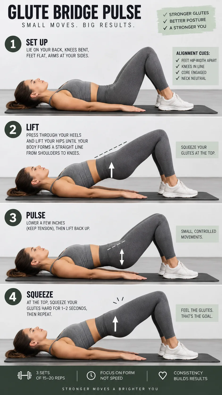 Glute Bridge Pulses: The Small Move That Builds a Stronger, Rounder Booty Faster 2 Detailed fitness instructional photography collage showing four stages of a glute bridge pulse: lying setup, hip lift, small controlled lower, and top glute squeeze, athlete wearing neutral gym clothes on a mat, clean studio background, visible alignment cues