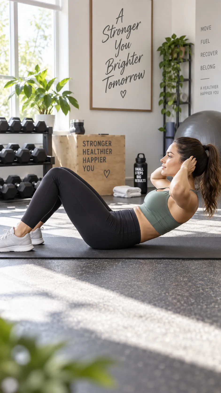 How to Do Sit Ups Without Wrecking Your Back: The Form Fix Most Beginners Miss 1 A person doing a proper sit up on a yoga mat in a bright home gym, hands lightly touching the sides of their head, core engaged, spine in neutral alignment, photographed from a side angle to show correct form