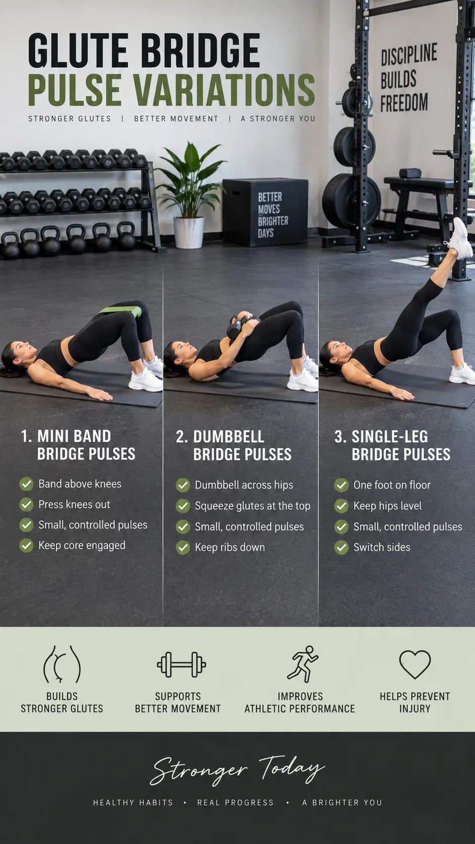 Glute Bridge Pulses: The Small Move That Builds a Stronger, Rounder Booty Faster 3 Realistic gym photography of three glute bridge pulse variations side by side: mini band above knees, dumbbell across hips, and single-leg bridge pulse, athletic trainer demonstrating safe form on exercise mats, bright professional fitness setting