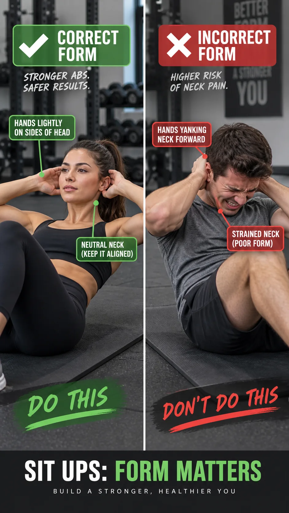 How to Do Sit Ups Without Wrecking Your Back: The Form Fix Most Beginners Miss 2 Close-up comparison of two people doing sit ups side by side — one with correct form (hands lightly placed on sides of head, neutral neck) and one with incorrect form (hands yanking neck forward, strained expression), clearly labeled on a gym mat