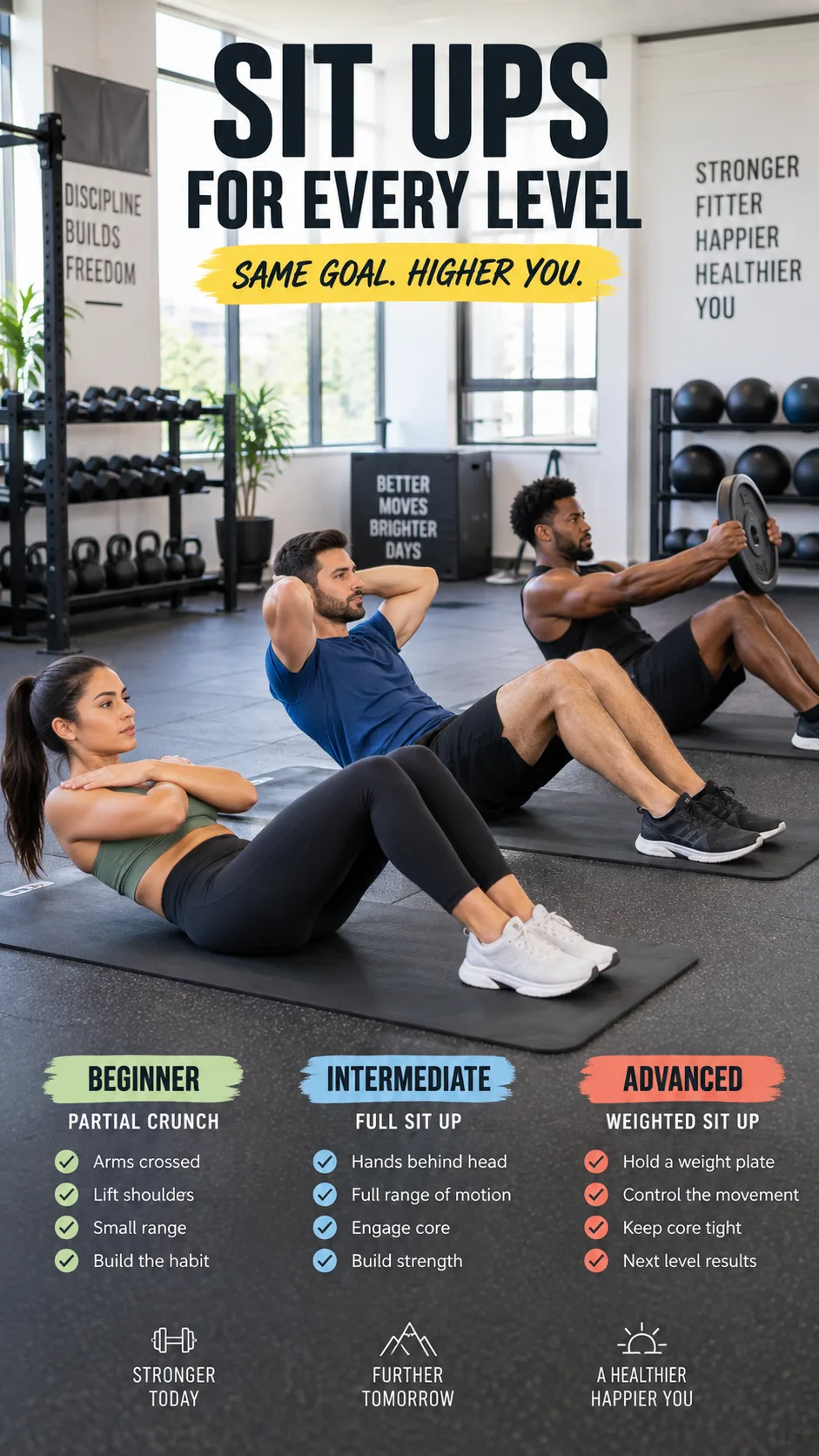 How to Do Sit Ups Without Wrecking Your Back: The Form Fix Most Beginners Miss 4 Three people on yoga mats performing three different sit up variations side by side — beginner with arms crossed doing a partial crunch, intermediate doing a full sit up, advanced holding a weight plate — bright gym setting, clear side-view angle