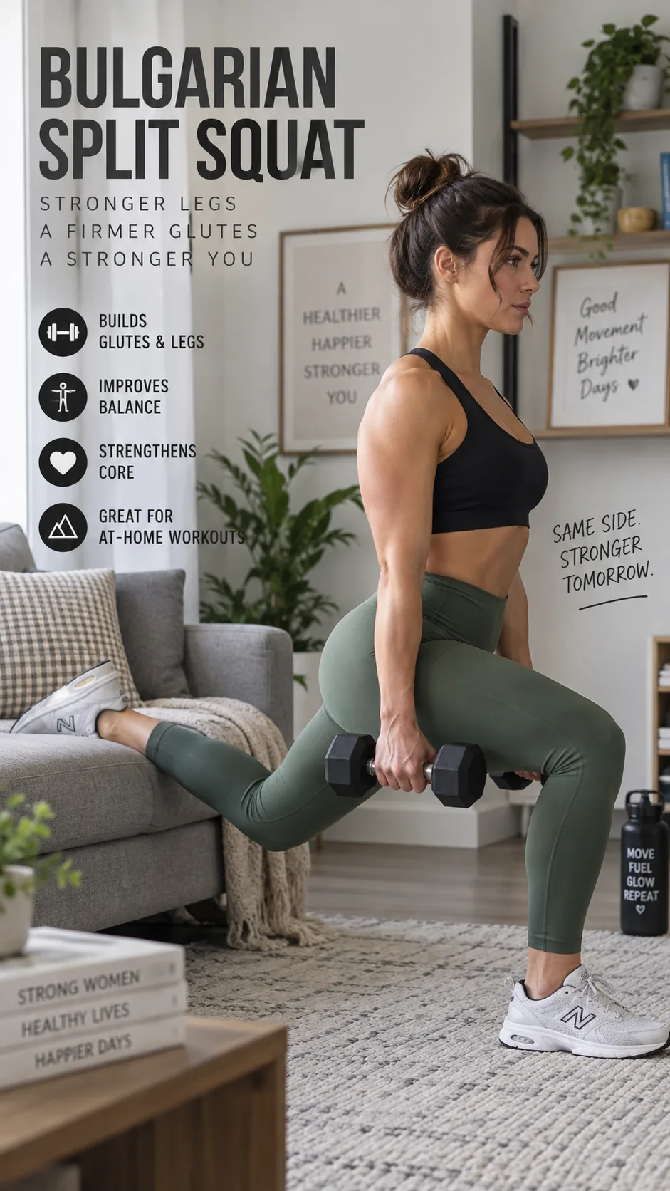 Realistic fitness photography of a woman performing a Bulgarian split squat at home with her rear foot elevated on a sturdy couch, front leg planted firmly, neutral indoor light, apartment living room, clear focus on glute and leg positioning, athletic clothing, educational workout style
