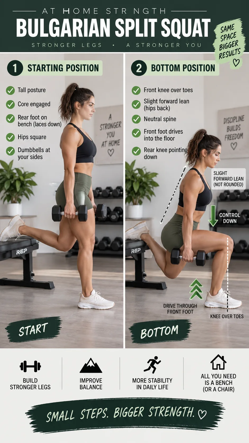 Detailed side-by-side fitness instruction photography showing correct Bulgarian split squat form at home: left image starting position with rear foot on bench, right image bottom position with front knee aligned over toes, slight forward torso lean, neutral spine, arrows indicating downward movement and front-foot pressure