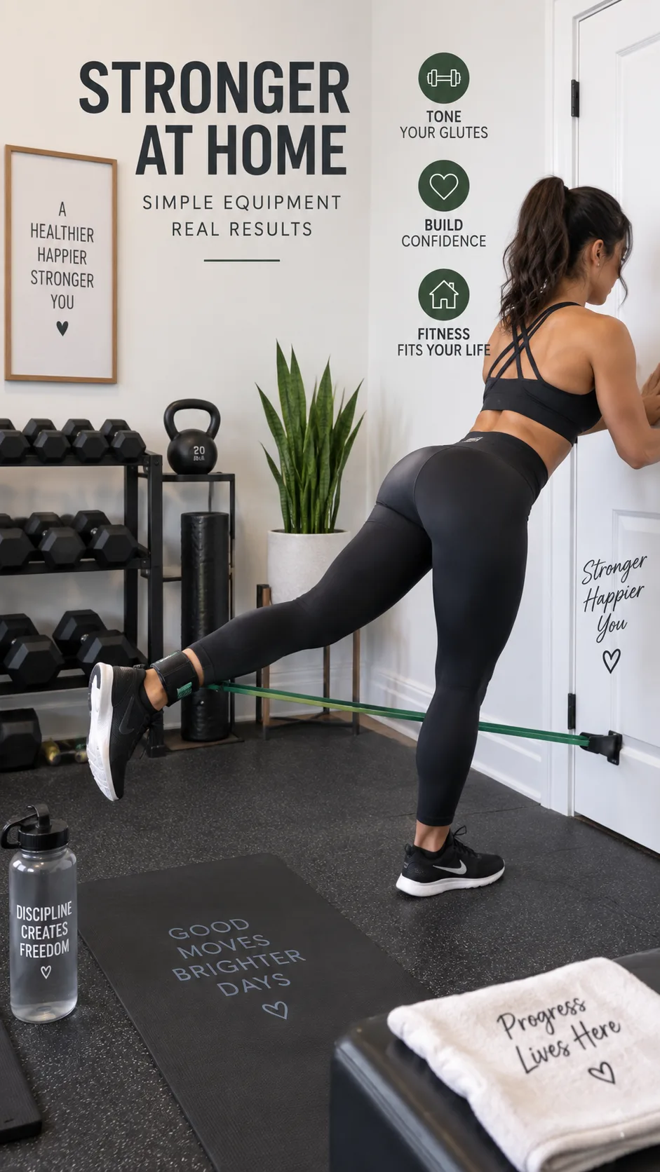 Cable Kickbacks at Home: The Form Fix That Finally Grew My Glutes 1 Home workout setup showing a resistance band anchored to a door at ankle height, with athletic equipment and a clean minimalist home gym space, ready for cable kickback exercises