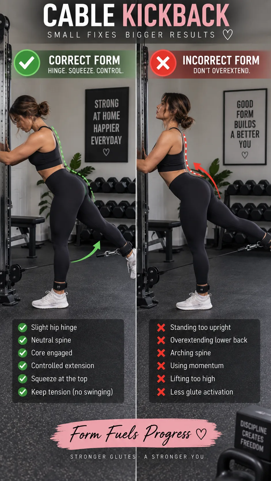 Cable Kickbacks at Home: The Form Fix That Finally Grew My Glutes 2 Close-up step-by-step comparison showing correct vs incorrect cable kickback form from a side angle — one image showing proper hip hinge and controlled extension, another showing overextension with lower back arch, in a home gym environment
