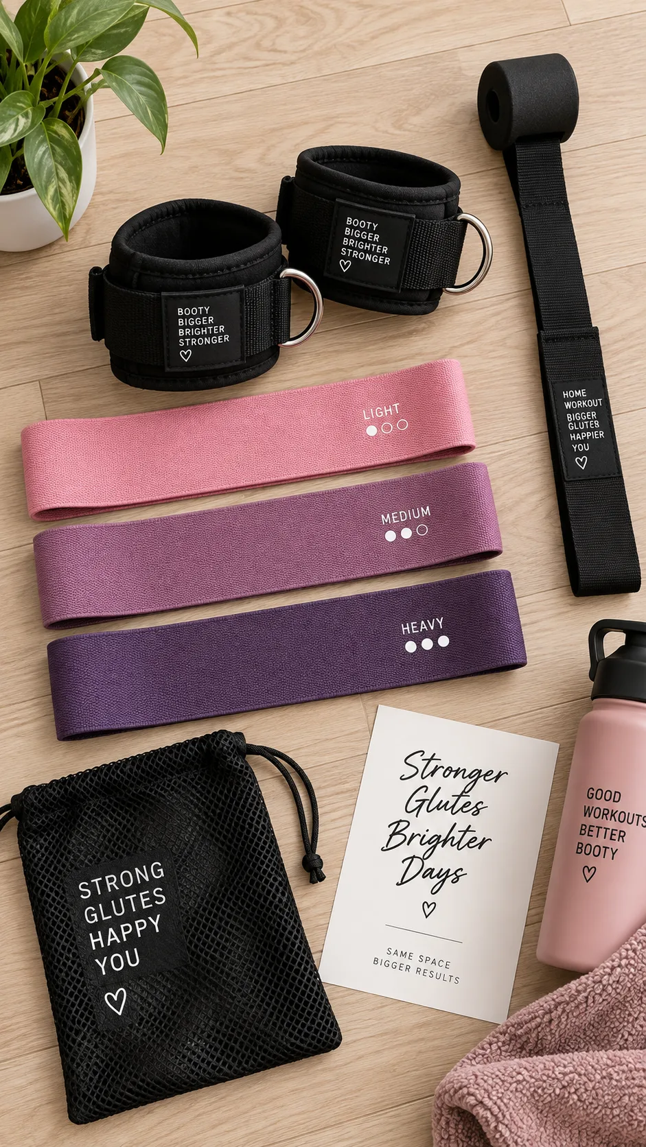 Cable Kickbacks at Home: The Form Fix That Finally Grew My Glutes 3 Flat lay product-style photo of resistance band workout equipment including ankle cuffs, resistance loop bands, and a door anchor set up for home glute training, on a light wooden floor background