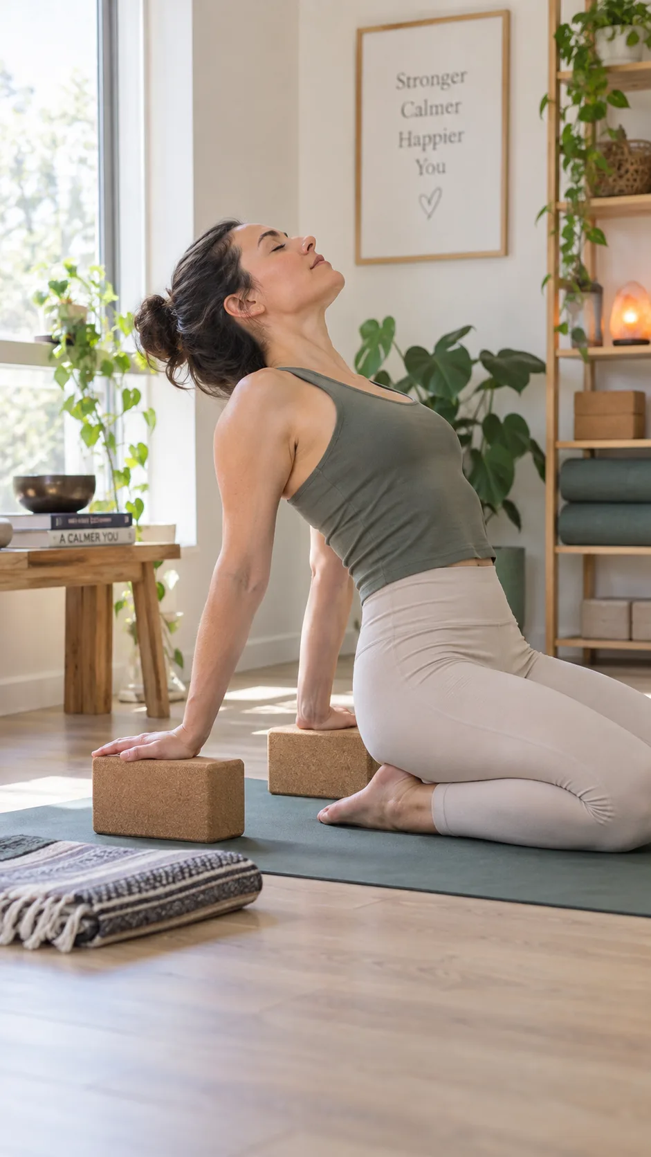 How to Get a Flexible Back: 9 Stretches That Unlock Deep Backbends Faster Than You Think 1 Natural-light fitness photography of an adult practicing a gentle supported backbend on a yoga mat in a calm home studio, neutral clothing, yoga blocks and folded blanket nearby, realistic approachable wellness scene