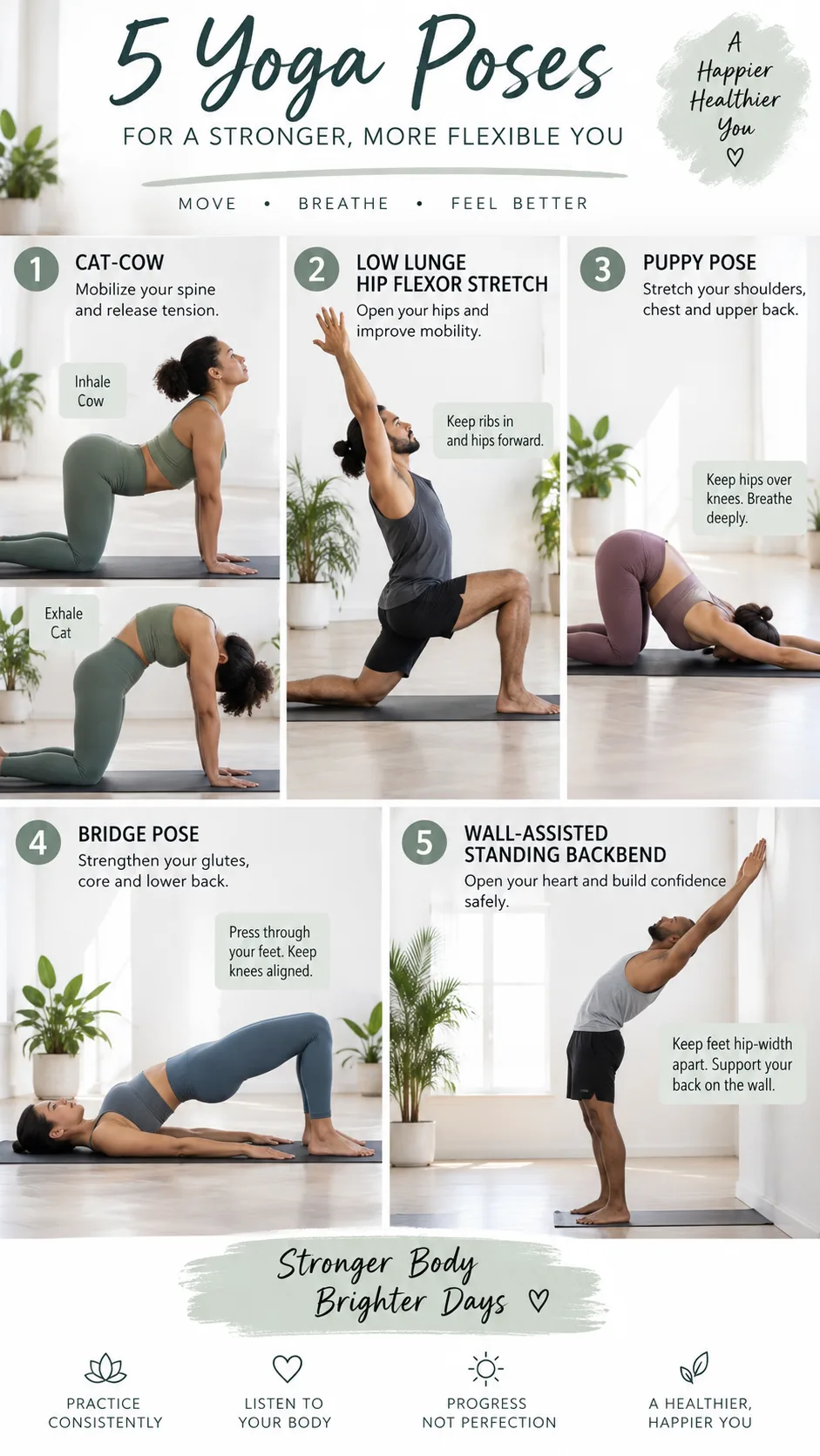 How to Get a Flexible Back: 9 Stretches That Unlock Deep Backbends Faster Than You Think 3 Step-by-step yoga fitness photography collage showing cat-cow, low lunge hip flexor stretch, puppy pose, bridge pose, and wall-assisted standing backbend, diverse adult instructor, clear safe alignment, bright minimalist studio