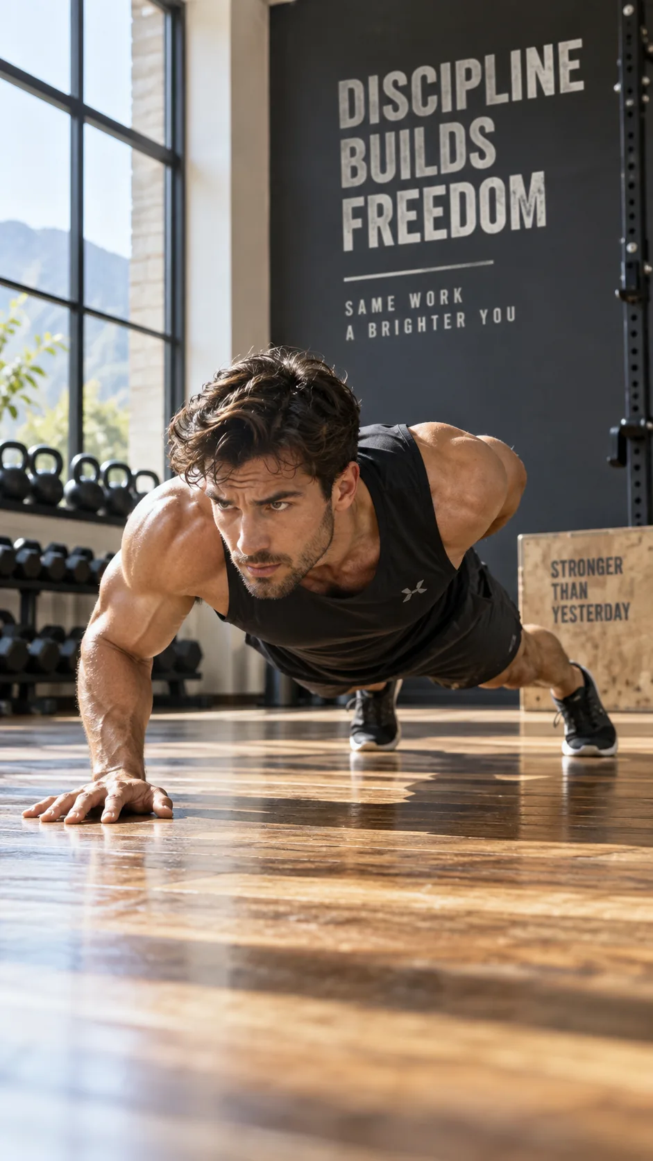 Athletic person performing a perfect one-arm push up on a wooden gym floor, strong natural lighting, focused expression, fitness motivation photography