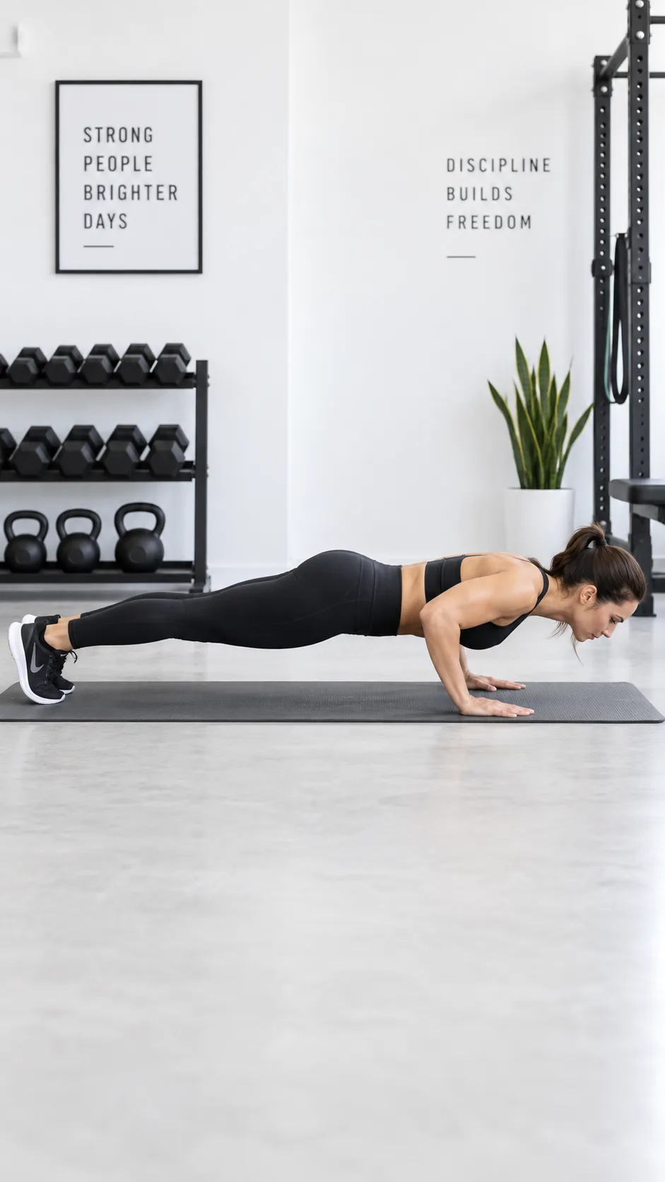 Side view of a person performing a textbook standard push up with perfect plank alignment on a yoga mat, clean white gym background, instructional fitness photography