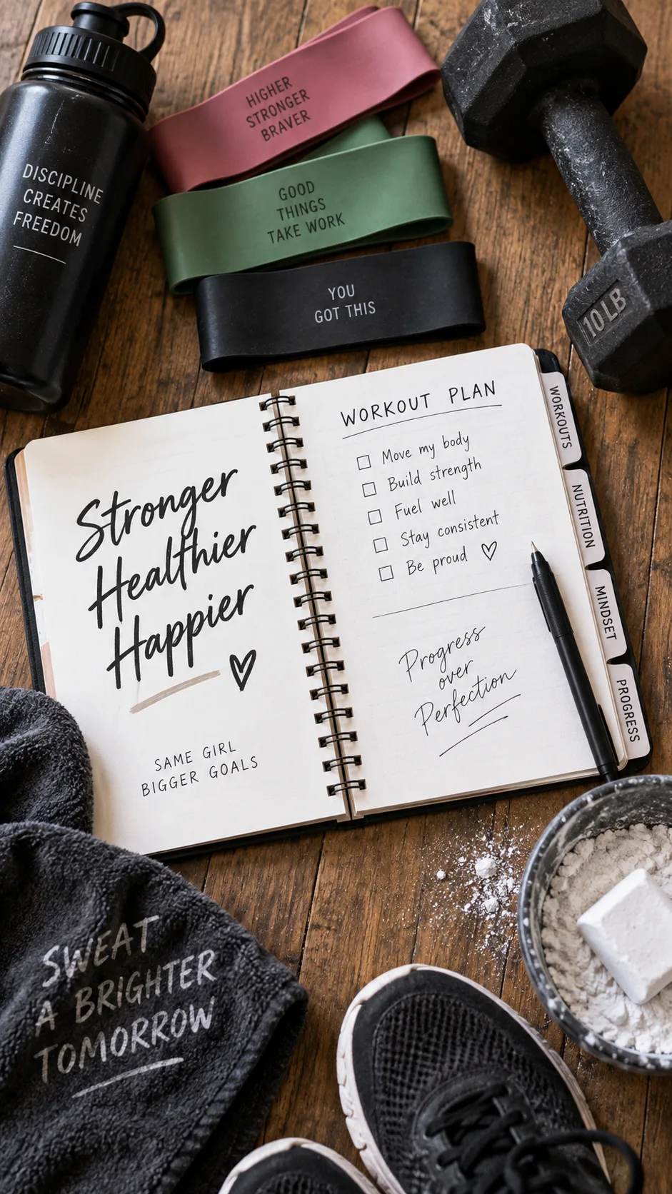 Overhead flat lay of a fitness journal, stopwatch, resistance bands, and chalk on a wooden floor, workout planning concept, lifestyle fitness photography