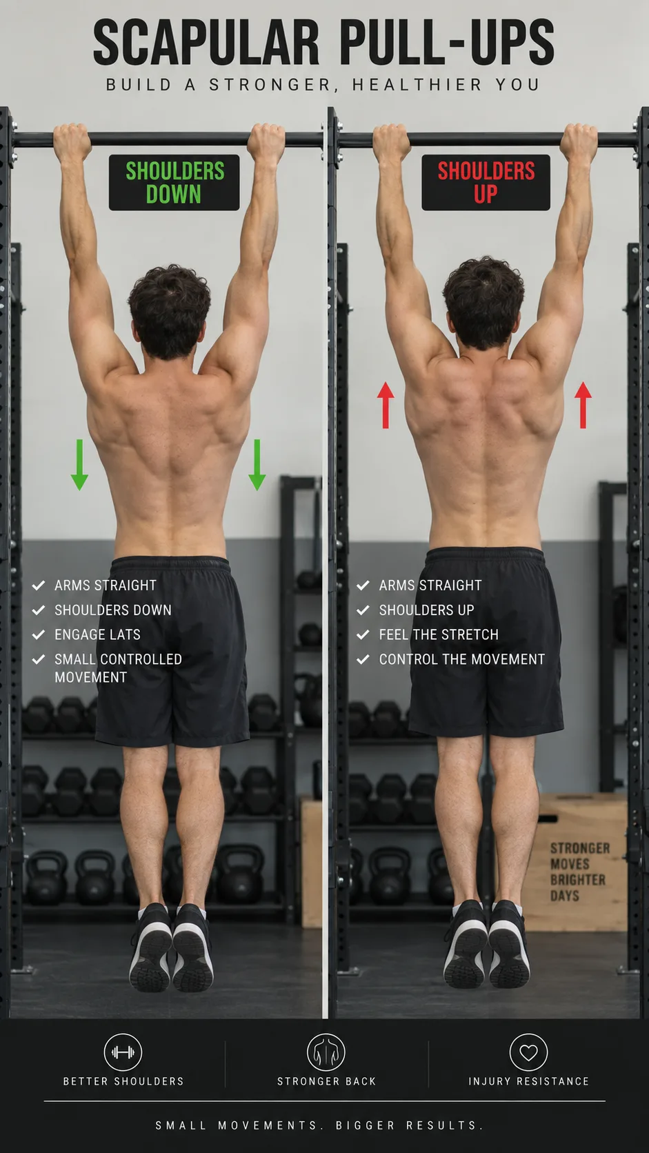 Front Lever Calisthenics: The Progression Roadmap Most Athletes Skip Too Fast 2 Realistic fitness instructional photo showing a calisthenics athlete performing scapular pull-ups from a bar, arms straight, shoulders moving down and up with clear posture, side-by-side coach demonstration, clean minimal gym setting