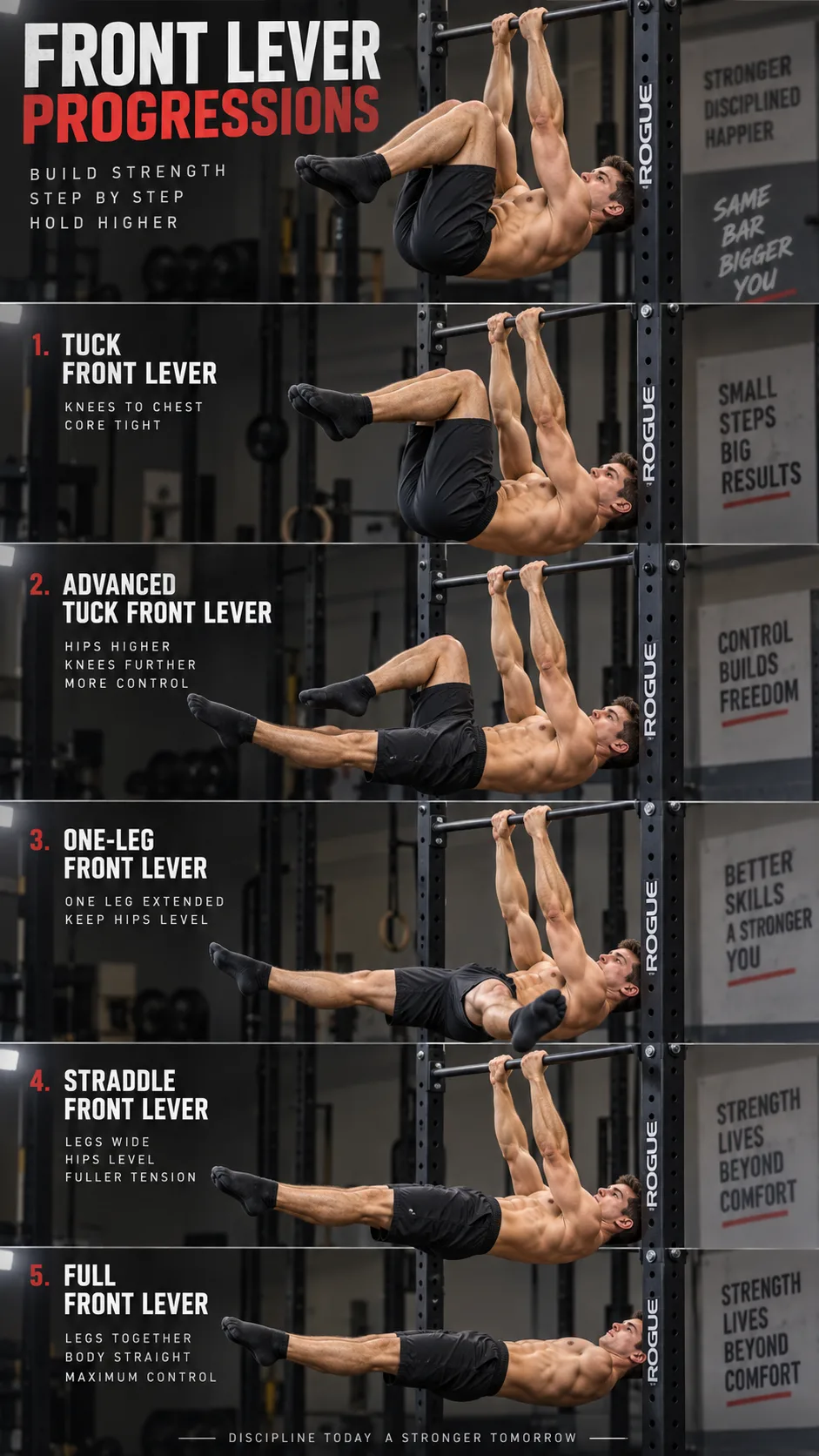 Front Lever Calisthenics: The Progression Roadmap Most Athletes Skip Too Fast 3 High-detail instructional sports photography montage in one gym scene, athlete performing tuck front lever, advanced tuck front lever, one-leg front lever, straddle front lever, and full front lever on a horizontal bar, each position clearly separated and labelled visually by body shape, realistic lighting