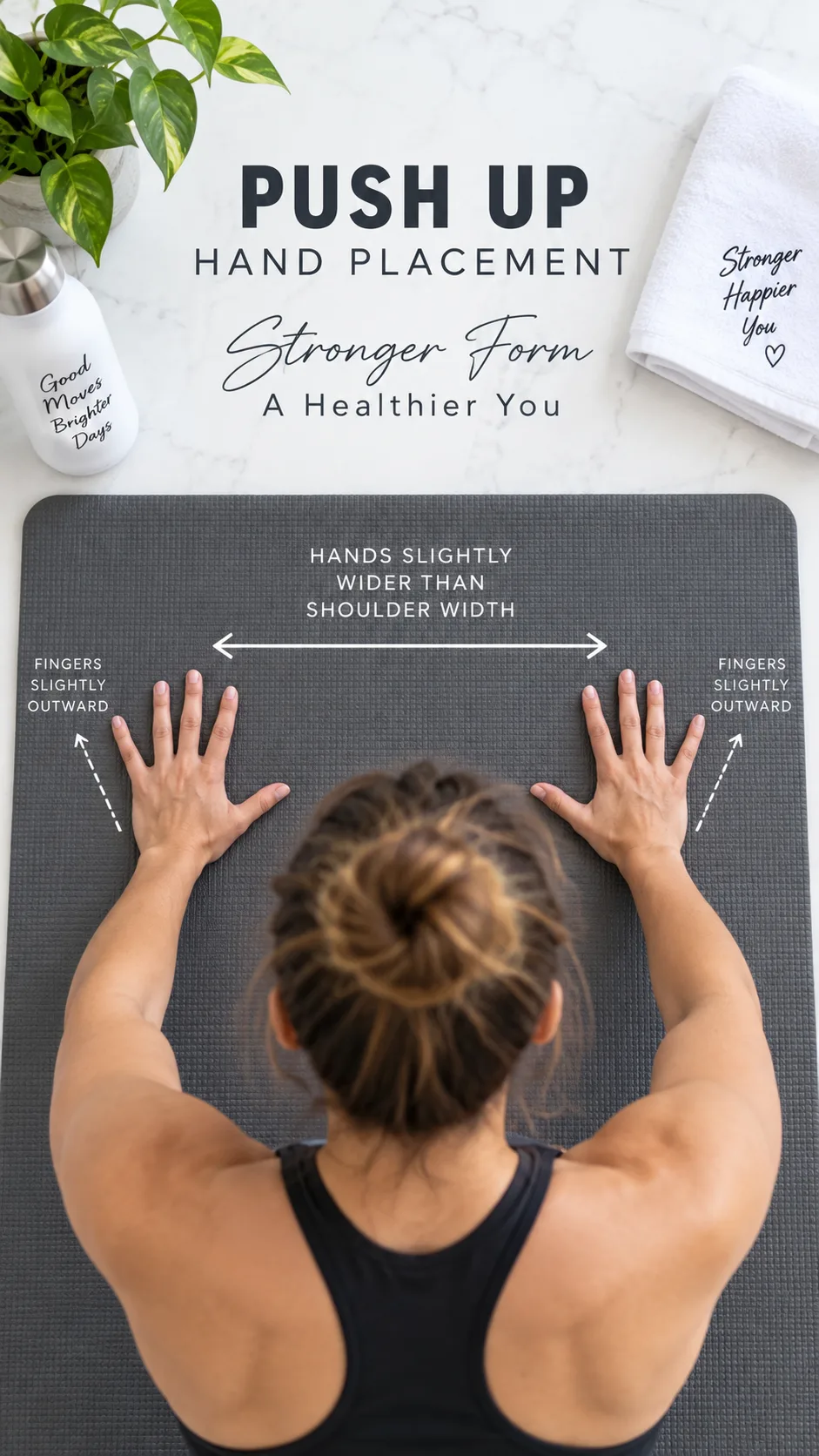 Proper Push Up Form: 5 Common Mistakes That Are Wrecking Your Progress 4 Top-down flat lay photograph showing correct hand placement for push ups on a yoga mat, hands slightly wider than shoulder width with fingers angled slightly outward, bright clean background