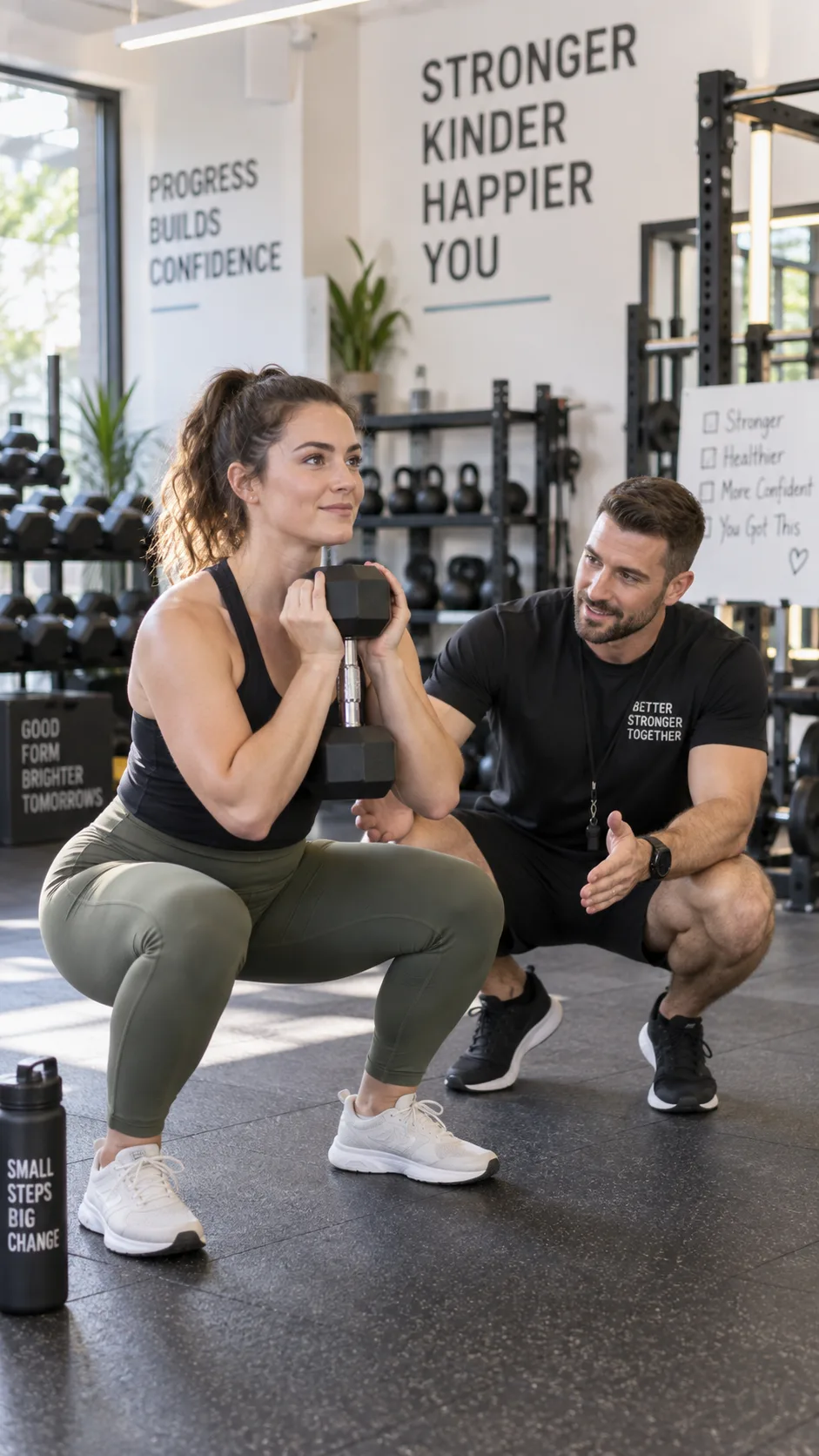 Gym Tips for Beginners: 9 Mistakes That Keep New Lifters Stuck in Their First Month 2 Realistic gym photography showing a beginner lifter performing a controlled dumbbell goblet squat while a qualified trainer demonstrates proper form nearby, bright welcoming strength training area, focus on safe technique and confidence