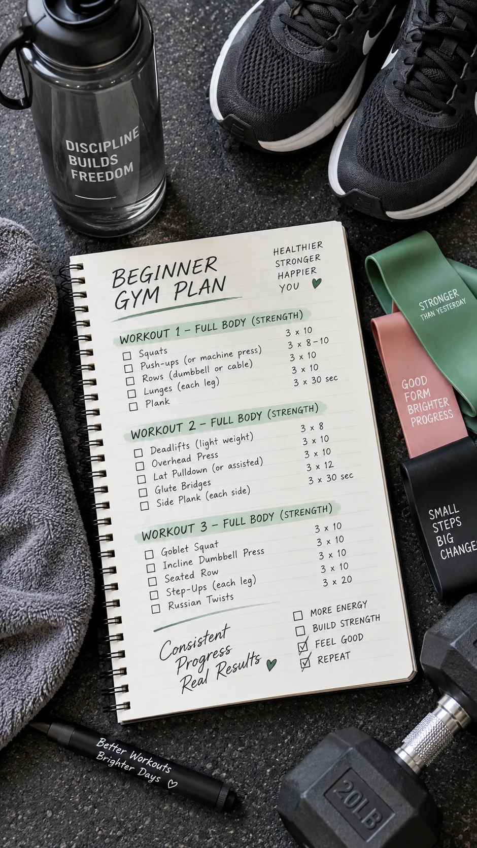 Gym Tips for Beginners: 9 Mistakes That Keep New Lifters Stuck in Their First Month 3 Top-down realistic fitness photography of a beginner gym workout planner beside a water bottle, training shoes, resistance bands, and a notebook listing three full-body strength workouts, clean organized composition, natural gym lighting