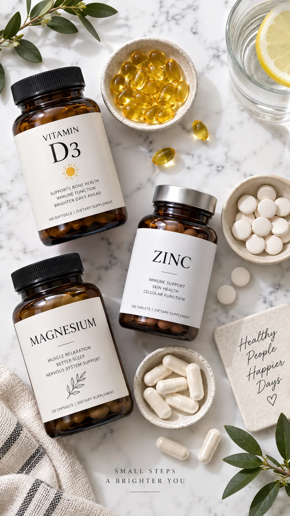 How to Increase Height After 18 Years: 9 Science-Backed Methods That Actually Work 4 Clean flat-lay of natural supplements including vitamin D capsules, zinc tablets, and magnesium supplements on a white marble surface, soft natural lighting, product photography style