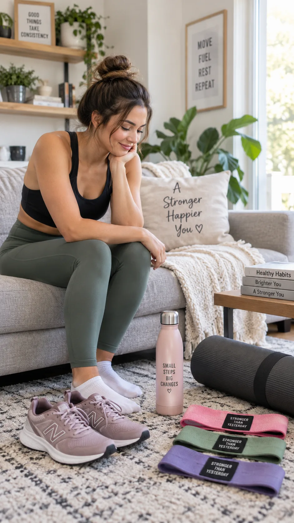 How to Motivate Yourself to Workout When You’d Rather Stay on the Couch 1 Realistic lifestyle fitness photography of a person in casual workout clothes sitting on a couch beside trainers, water bottle, resistance bands, and yoga mat, looking thoughtfully toward the workout gear in a bright cozy living room