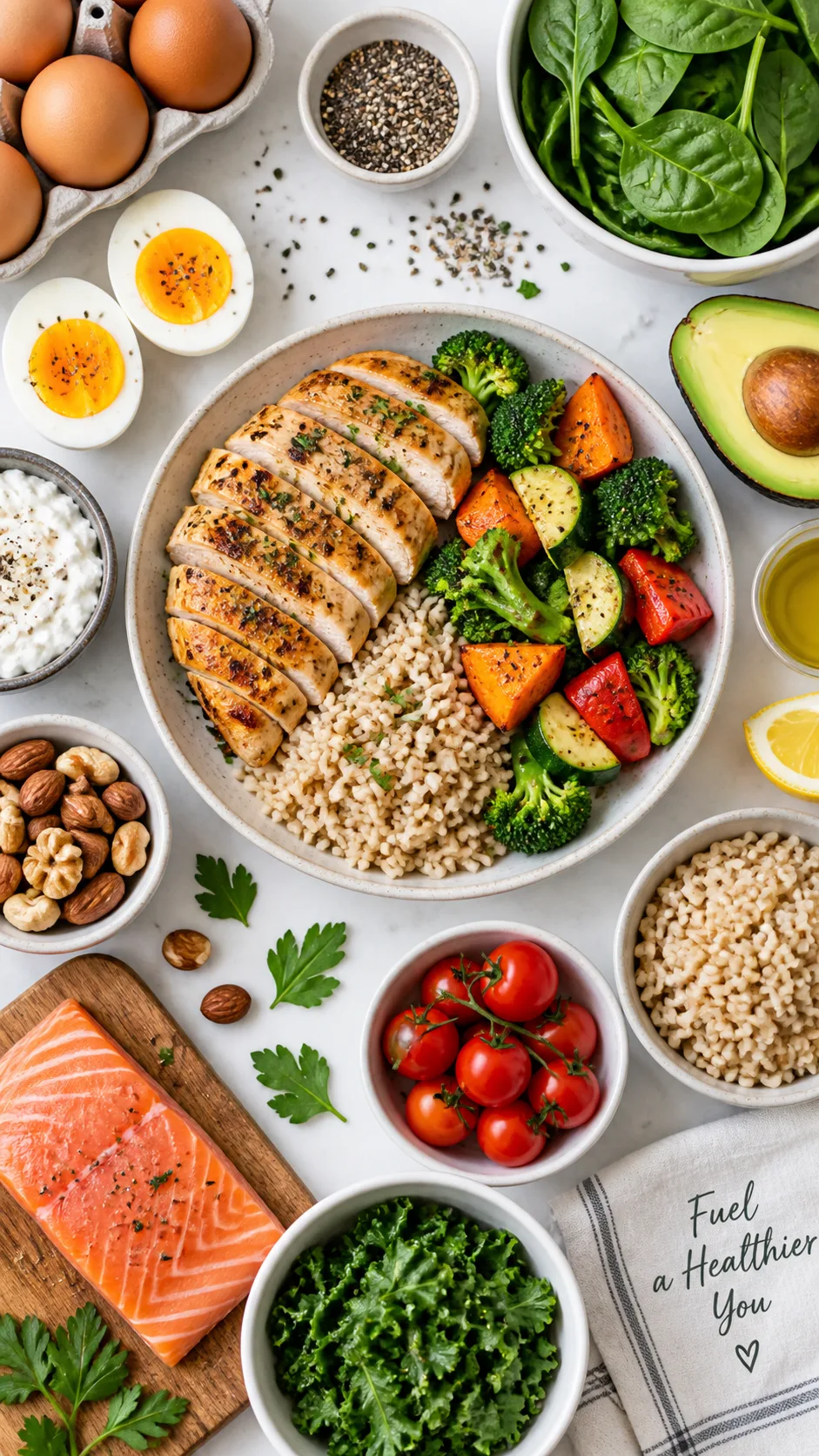 How to Have Abs That Actually Show: The Mistakes Keeping Your Core Hidden 2 Flat lay of high-protein, nutrient-dense foods including eggs, grilled chicken, vegetables and brown rice on a white table, bright natural lighting, food photography style