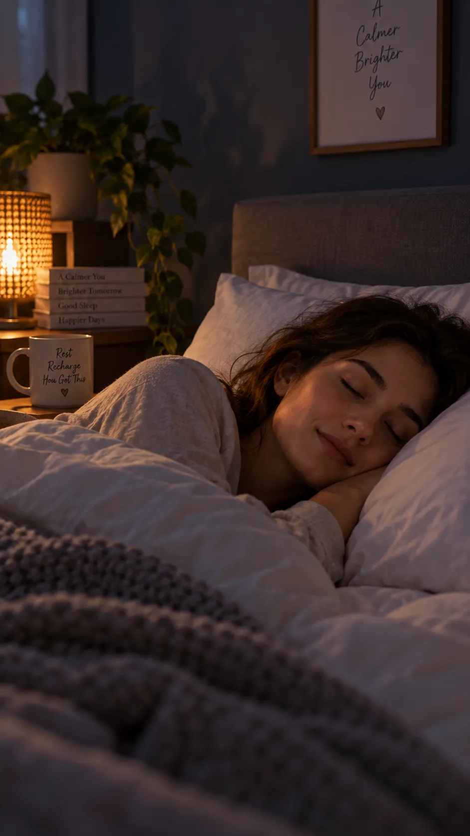 How to Have Abs That Actually Show: The Mistakes Keeping Your Core Hidden 4 Person sleeping peacefully in a dark, calm bedroom with soft ambient lighting, cozy and restful atmosphere, lifestyle photography style