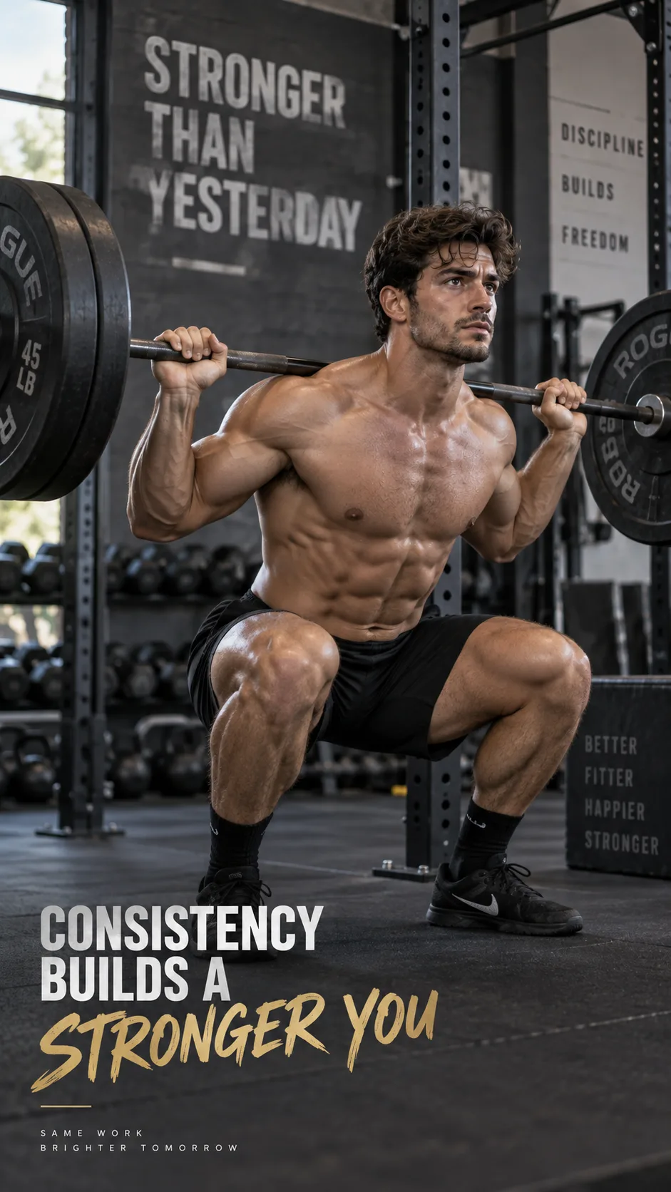 How to Have Abs That Actually Show: The Mistakes Keeping Your Core Hidden 5 Person with visible, defined abs performing a barbell squat in a gym, strong athletic physique, natural gym lighting, motivational fitness photography