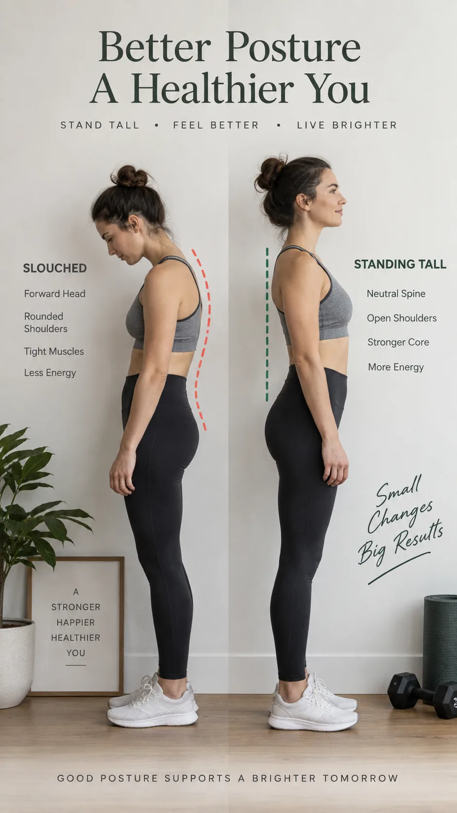 How to Gain Height: Grow Taller Exercise Routines That Actually Work After Puberty 2 Realistic fitness photography of a young adult standing beside a wall with two posture comparisons, one slouched with forward head and rounded shoulders and one standing tall with neutral spine, soft natural studio lighting, educational wellness editorial style