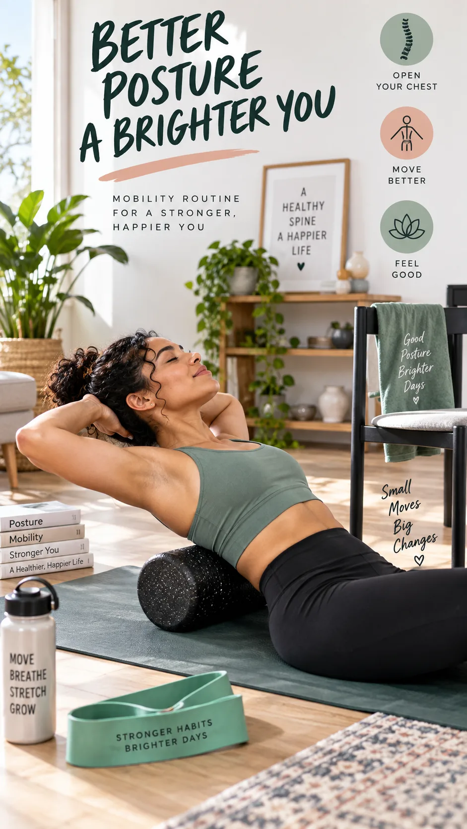How to Gain Height: Grow Taller Exercise Routines That Actually Work After Puberty 3 Bright home workout scene with a diverse young adult on a yoga mat performing a thoracic extension and posture mobility routine, resistance band, foam roller, and chair nearby, realistic high-detail health photography