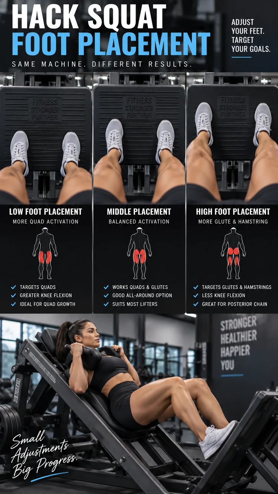 Hack Squat Machine Foot Placement: Small Shifts That Change Which Muscles Do the Work 1 A person demonstrating different foot positions on a hack squat machine in a modern gym, showing a close-up of feet at various placements on the platform, educational fitness photography style