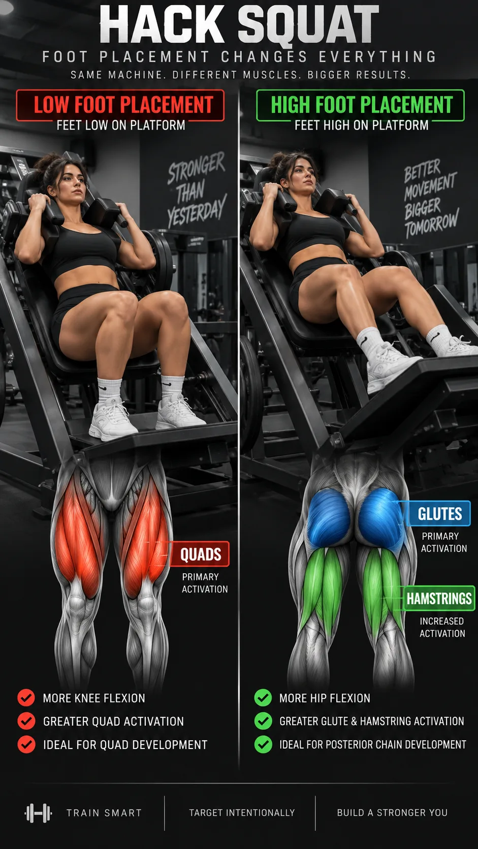 Hack Squat Machine Foot Placement: Small Shifts That Change Which Muscles Do the Work 2 Side-by-side comparison showing low foot placement on hack squat machine with highlighted quad muscles and high foot placement with highlighted glute and hamstring muscles, educational anatomy overlay, gym setting