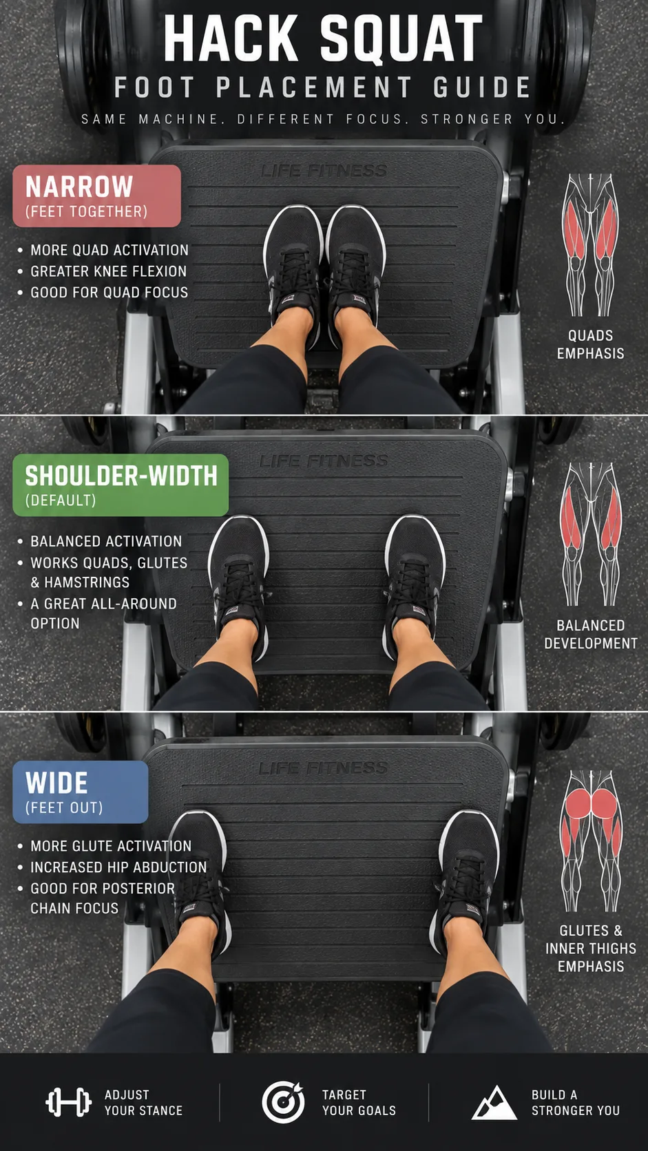 Hack Squat Machine Foot Placement: Small Shifts That Change Which Muscles Do the Work 3 Overhead view showing three different foot stance widths on a hack squat platform — narrow, shoulder-width, and wide — with labels, clean gym photography, educational style
