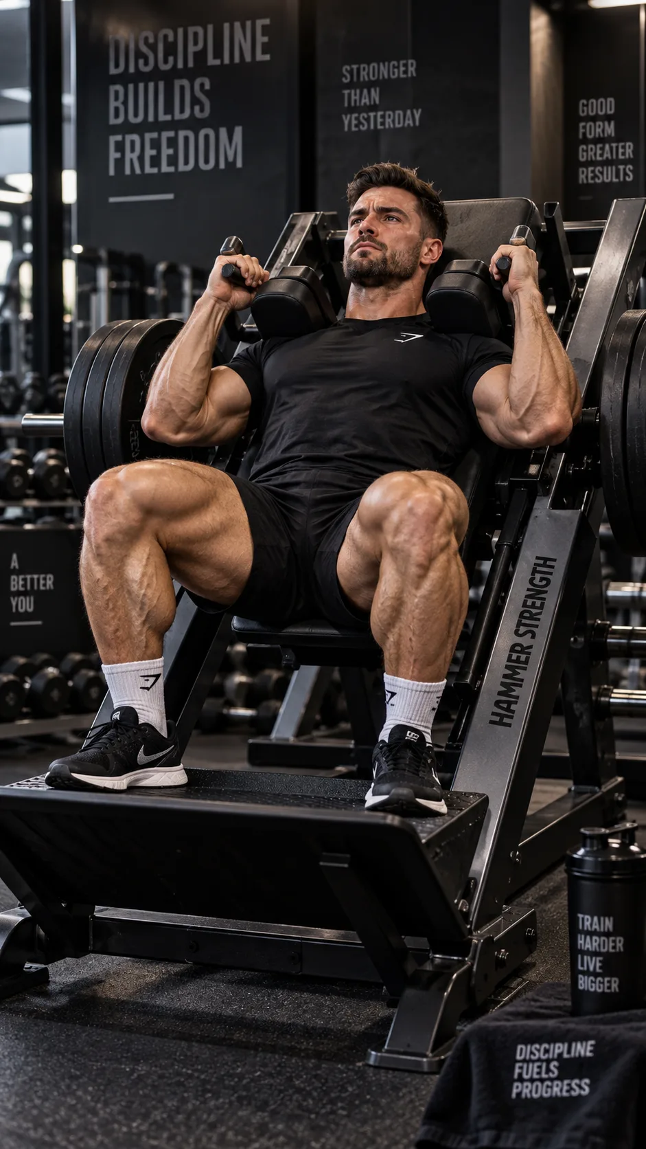 Hack Squat Machine Foot Placement: Small Shifts That Change Which Muscles Do the Work 4 A focused male athlete performing a hack squat with perfect form on a modern hack squat machine, feet in shoulder-width position with slight toe flare, gym environment with dramatic lighting to emphasize muscle engagement