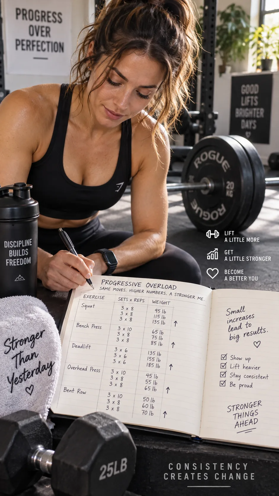 How to Build Muscle for Women: The Strength Training Mistakes Keeping You Stuck (And What Actually Works) 2 Clean fitness infographic style photograph showing a woman tracking progressive overload in a workout journal beside dumbbells and a barbell, handwritten sets reps and weight increases visible, modern gym setting, warm natural light, practical strength training education visual