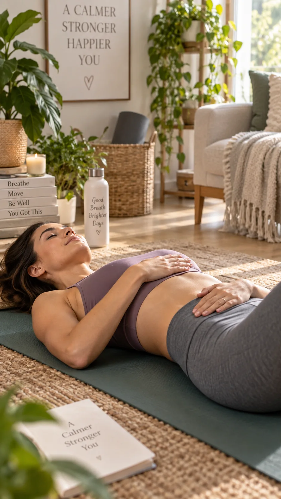 Diastasis Recti Repair: The Deep Core Moves That Actually Close the Gap 2 A woman lying on a yoga mat in a calm, well-lit home environment performing a gentle diaphragmatic breathing exercise with her hands on her ribcage and belly, demonstrating deep core engagement, warm natural lighting, photography style