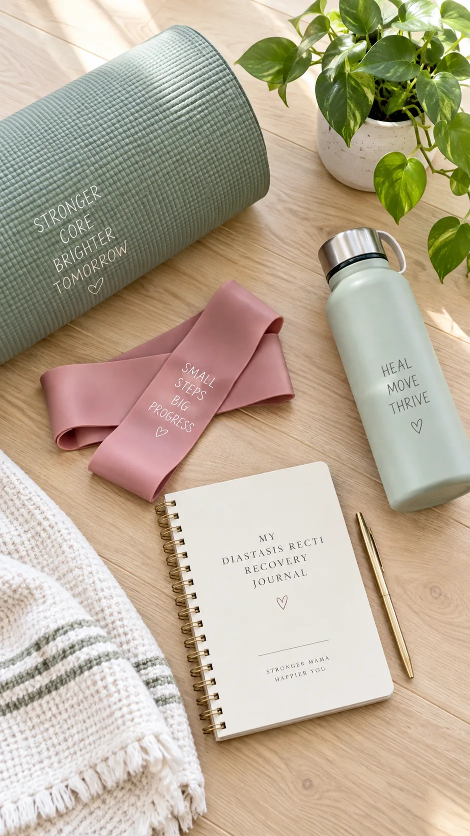 Diastasis Recti Repair: The Deep Core Moves That Actually Close the Gap 4 Flat lay of a recovery wellness setup including a yoga mat, resistance band, water bottle, journal, and a small plant on a clean light wooden floor, representing a home diastasis recti recovery routine, bright airy minimal photography style
