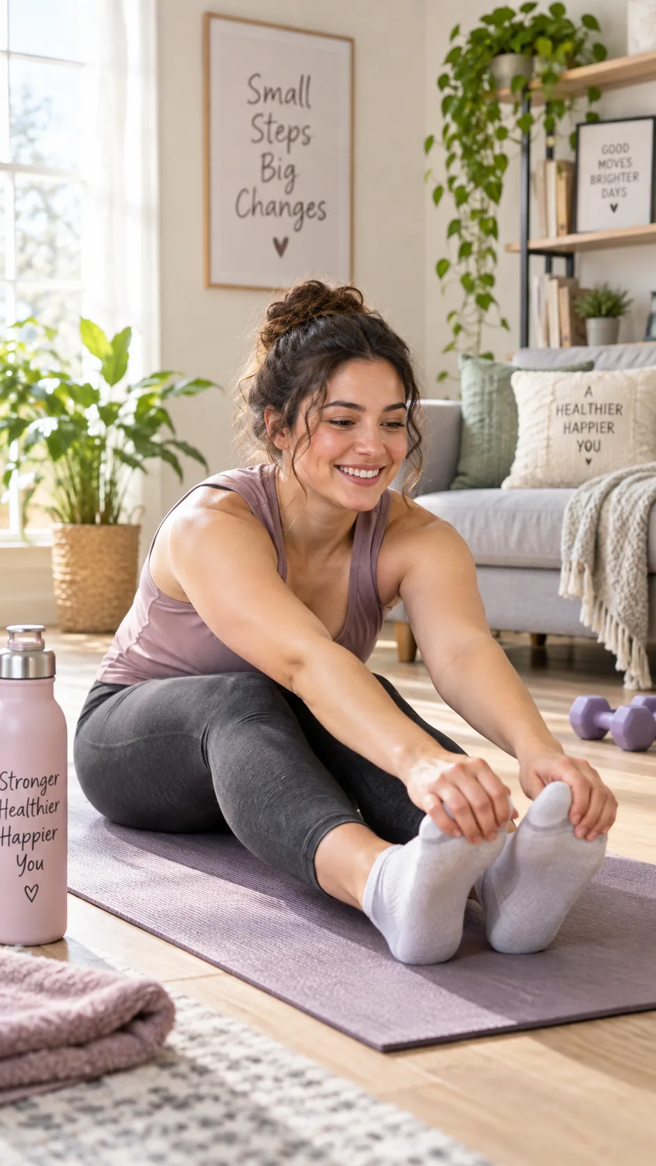 How to Get More Flexible Even If You Can Barely Touch Your Toes: Beginner Stretching Guide 1 Realistic bright home fitness photography of a beginner in comfortable workout clothes attempting a seated toe touch on a yoga mat, knees slightly bent, smiling with determination, natural morning window light, tidy living room, inclusive approachable wellness style