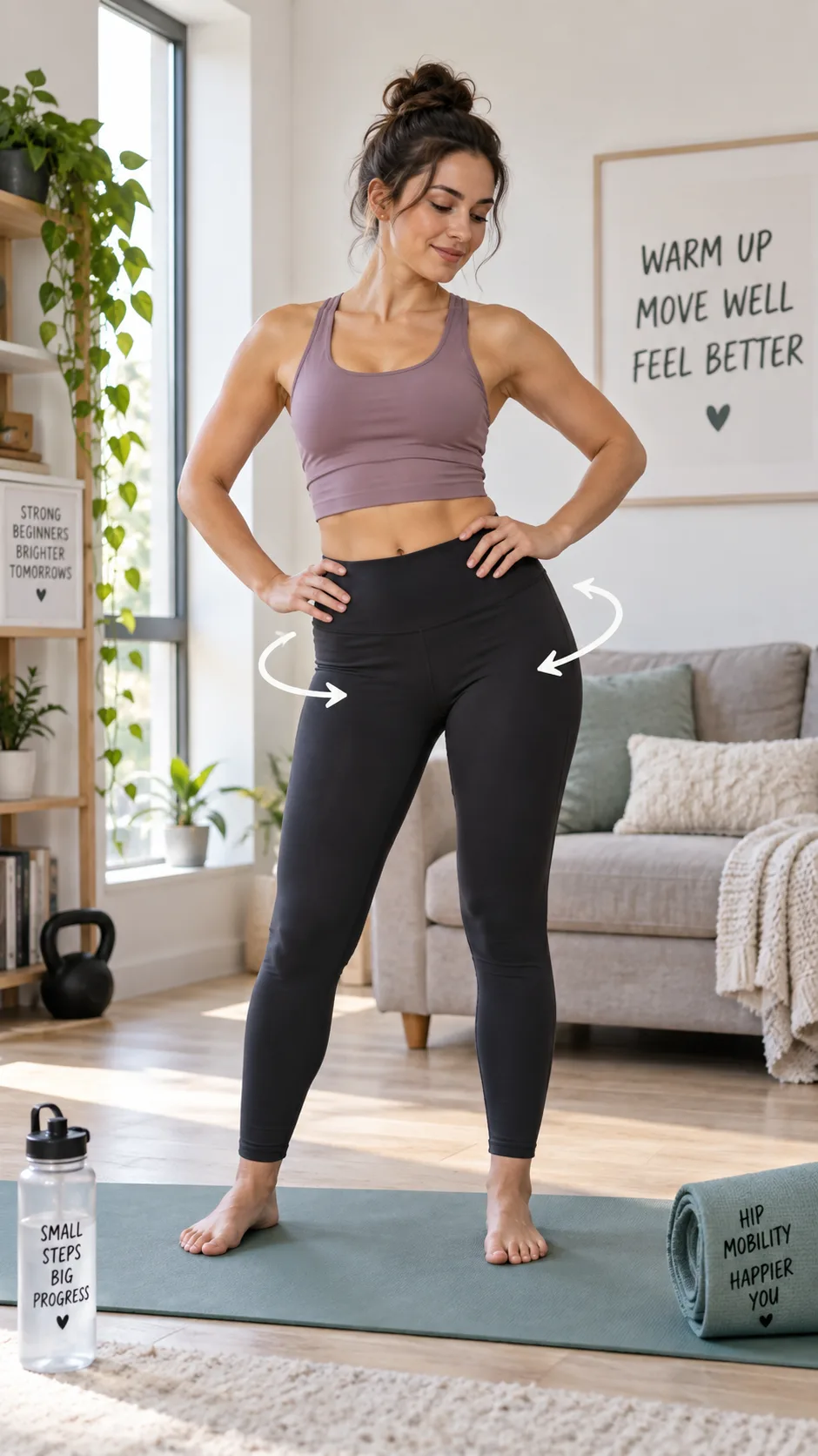 How to Get More Flexible Even If You Can Barely Touch Your Toes: Beginner Stretching Guide 2 Realistic fitness photography of a beginner doing gentle standing hip circles on a yoga mat before stretching, relaxed posture, modern home interior, daylight, focus on correct warm-up movement and hip mobility