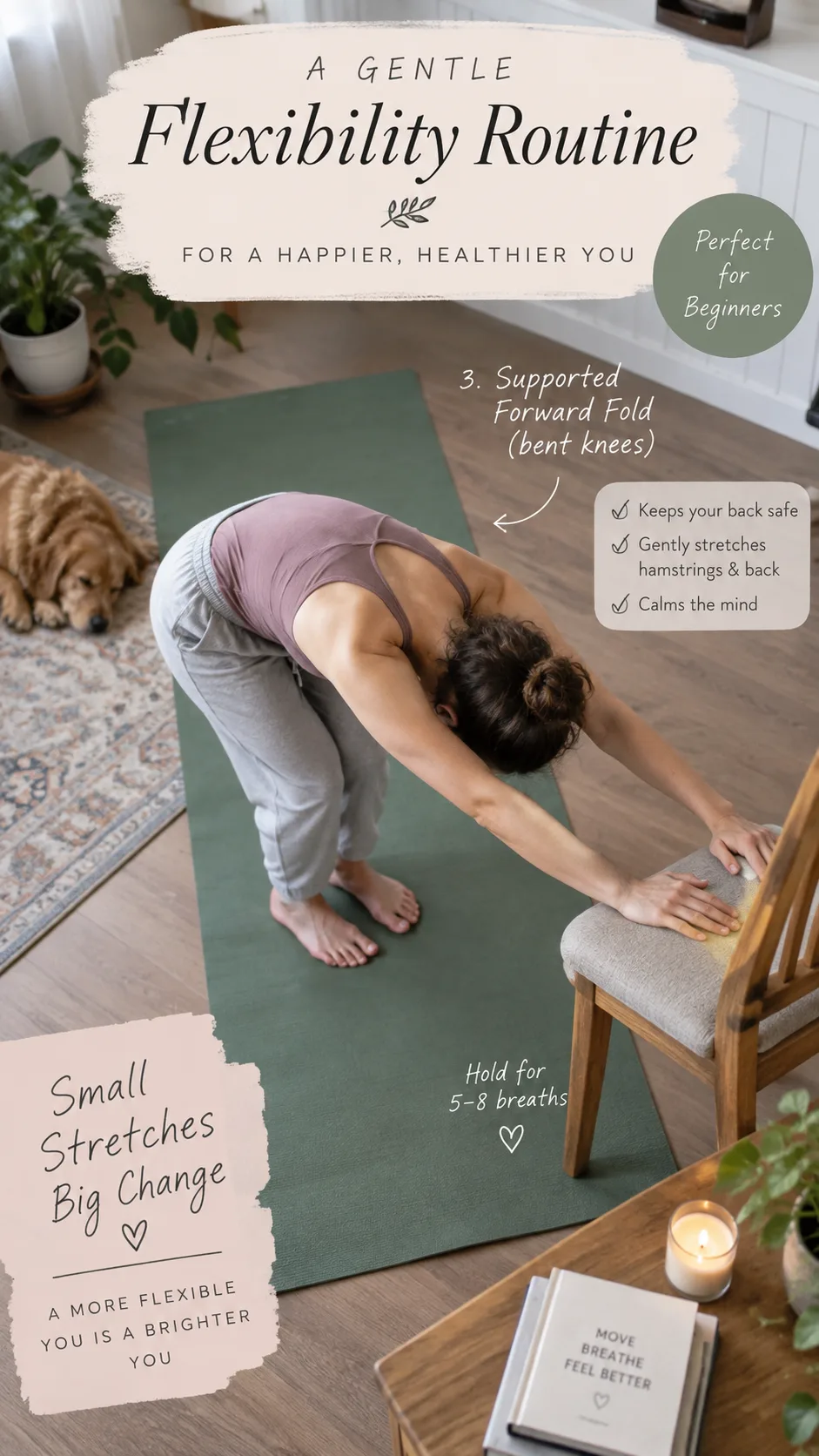 How to Get More Flexible Even If You Can Barely Touch Your Toes: Beginner Stretching Guide 3 Overhead realistic photography of a simple beginner flexibility routine laid out on a yoga mat in a cozy home, person performing a supported forward fold with bent knees and hands on a chair, clear safe posture, soft natural light