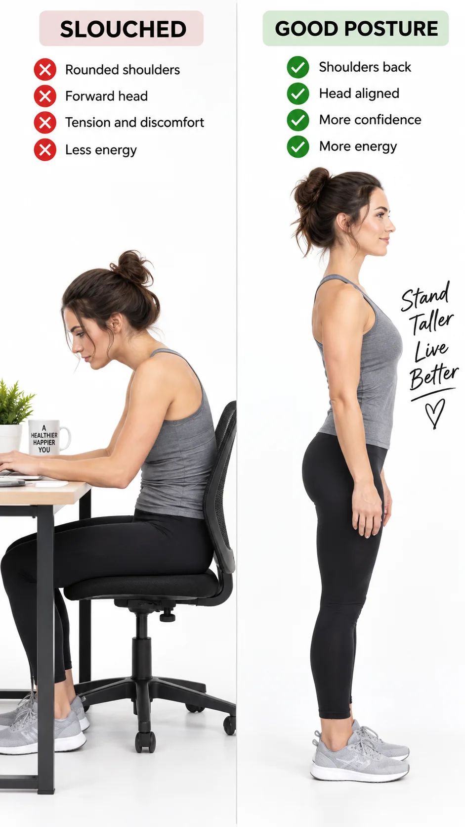How to Fix Rounded Shoulders: 5 Simple Exercises That Undo Years of Slouching 1 Side-by-side comparison photo of a person with rounded shoulders slouching at a desk vs. the same person standing tall with correct posture, clean white background, realistic fitness photography style