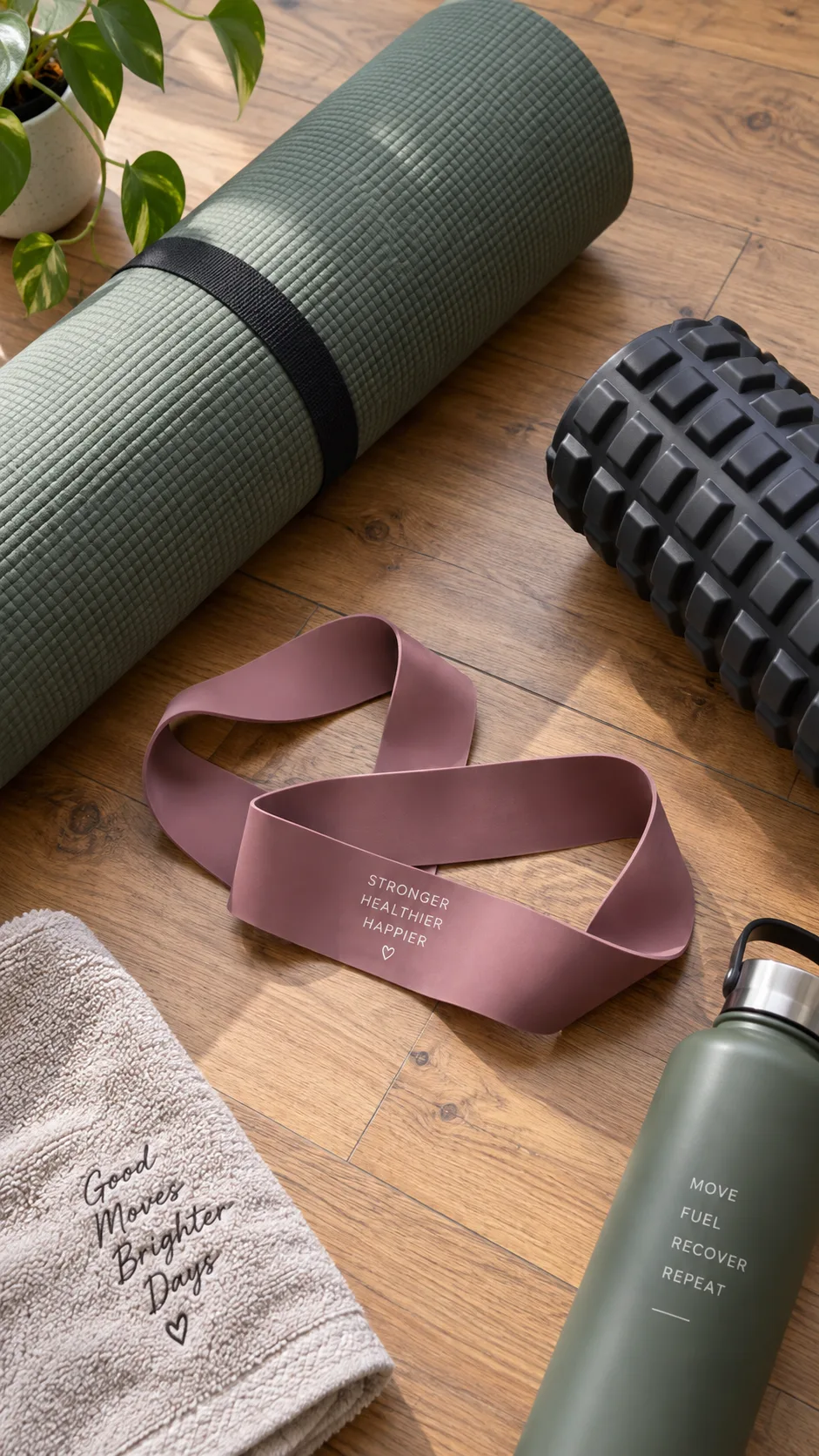 How to Fix Rounded Shoulders: 5 Simple Exercises That Undo Years of Slouching 2 Flat lay of resistance band, yoga mat, and foam roller on a wooden floor with natural lighting, fitness equipment photography
