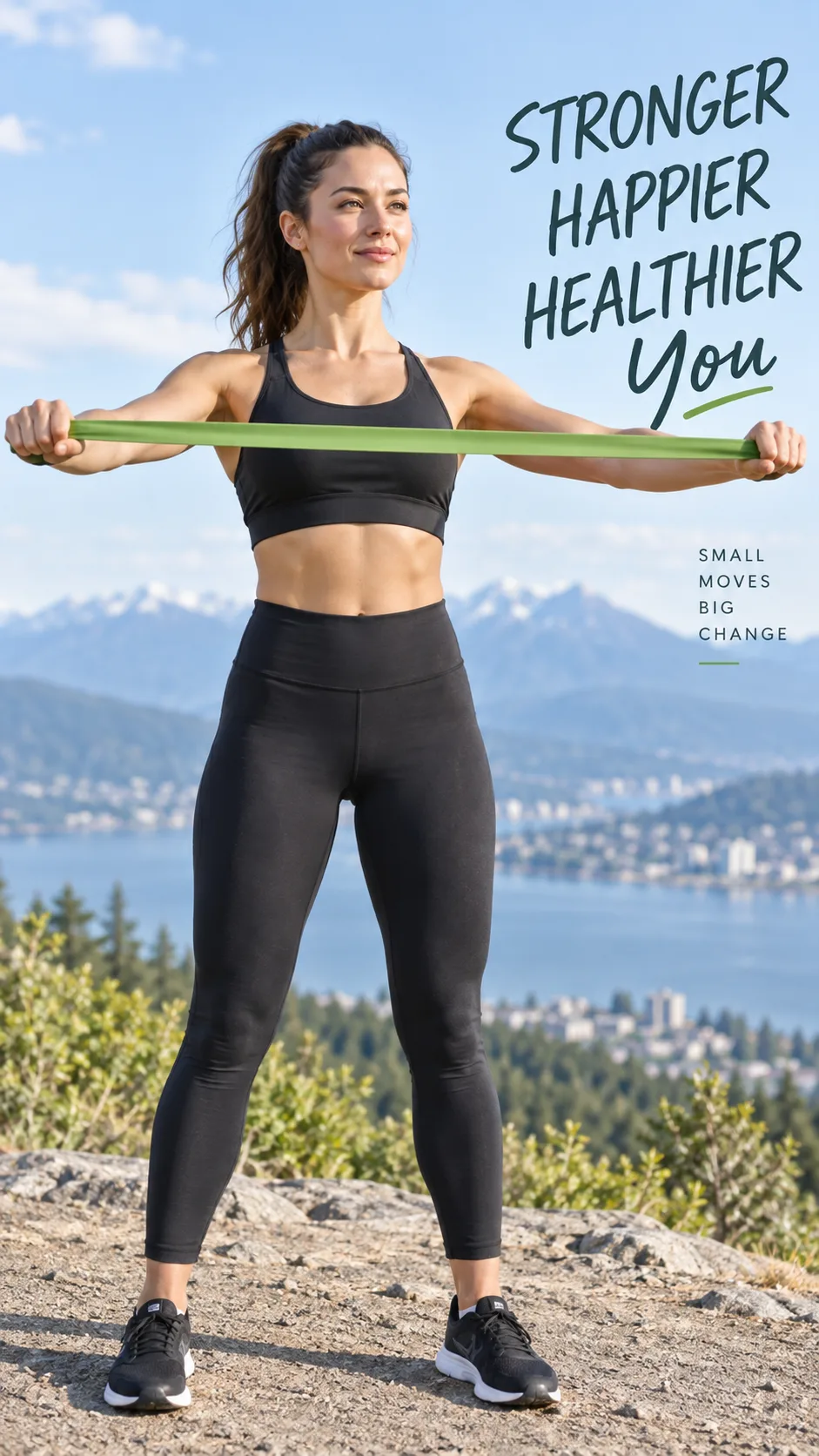 How to Fix Rounded Shoulders: 5 Simple Exercises That Undo Years of Slouching 3 Person performing band pull-aparts exercise outdoors, standing tall, holding a resistance band stretched across chest, bright natural lighting, activewear, fitness photography