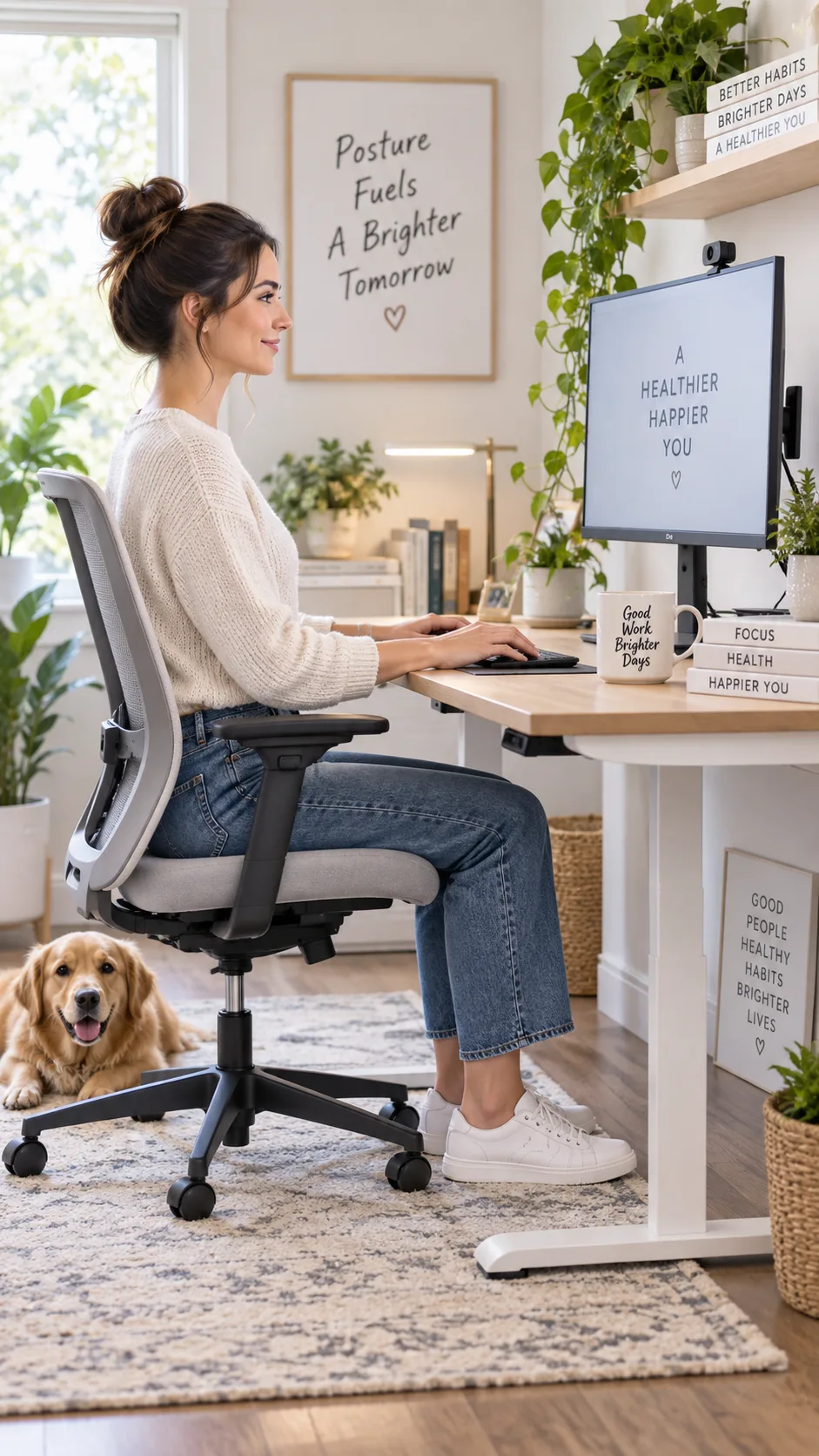 How to Fix Rounded Shoulders: 5 Simple Exercises That Undo Years of Slouching 5 Person sitting at an ergonomically set up desk with correct upright posture, monitor at eye level, back straight, feet flat on floor, bright modern home office environment, lifestyle photography