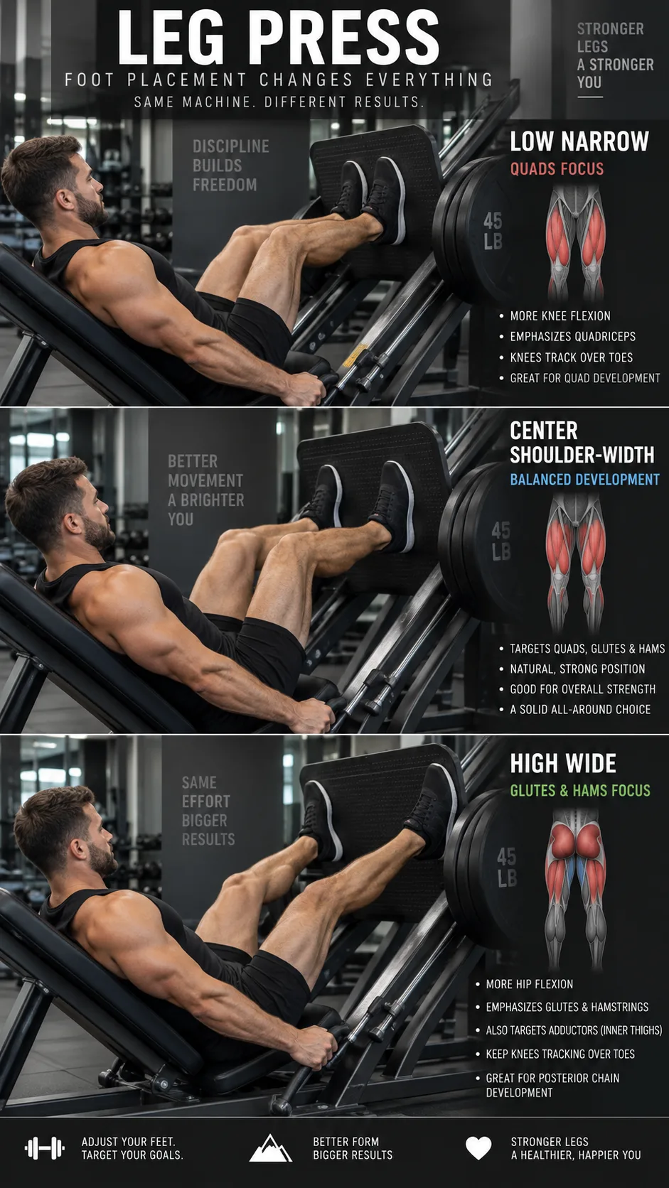 Leg Press Foot Placement: The Small Shift That Changes Which Muscles Actually Grow 1 Realistic high-resolution fitness photography in a clean commercial gym: an experienced lifter using a 45-degree leg press machine, split visual composition showing three clear foot placements on the sled platform—low narrow stance, centered shoulder-width stance, and high wide stance—with subtle anatomy-style overlays highlighting quadriceps, glutes, hamstrings, and adductors; accurate safe posture, knees tracking over toes, natural lighting, editorial fitness education style