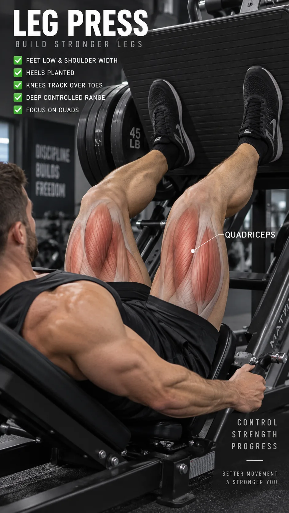 Leg Press Foot Placement: The Small Shift That Changes Which Muscles Actually Grow 2 Close-up realistic gym photography of a lifter on a 45-degree leg press with both feet placed low on the footplate at shoulder width, heels planted, knees tracking over toes, deep controlled knee bend, visual emphasis on quadriceps anatomy through tasteful semi-transparent overlay, safe technique, professional instructional fitness photo
